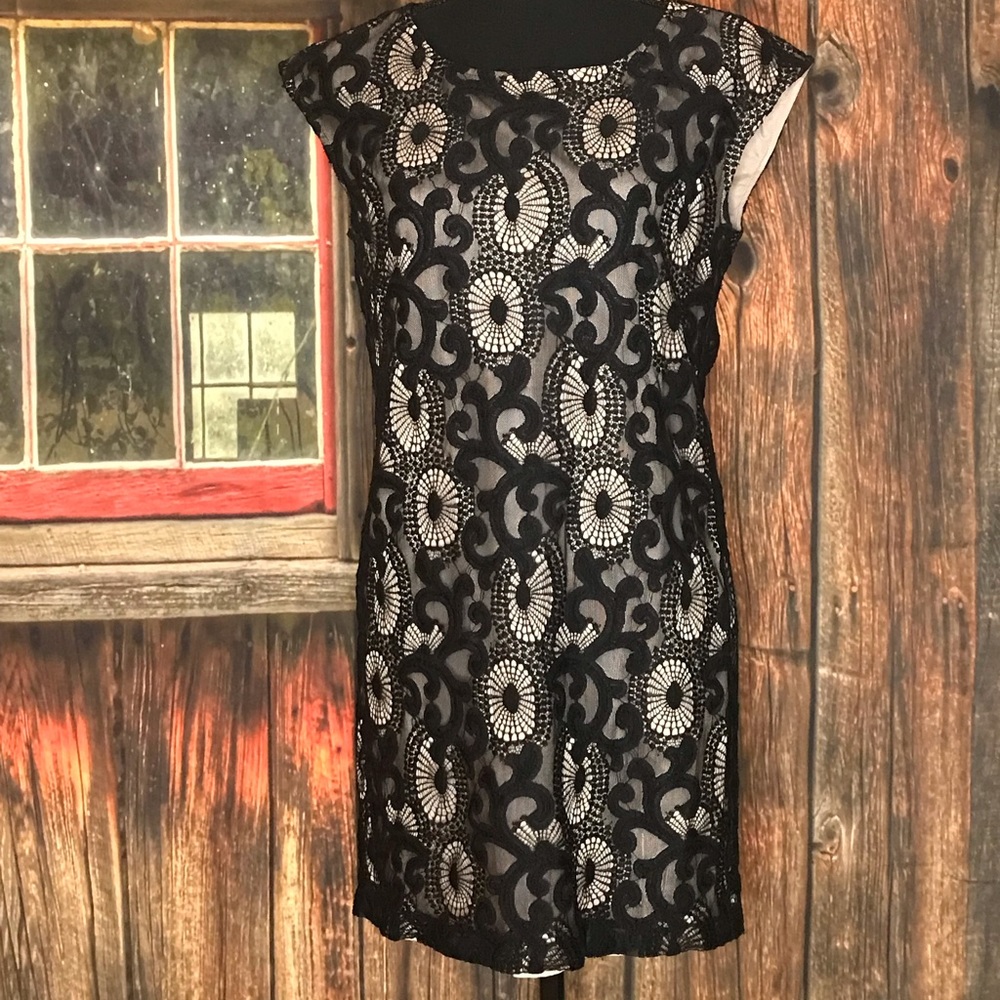 NWOT Ann Taylor LOFT Nude and Black Lace Overlay Sheath Dress
